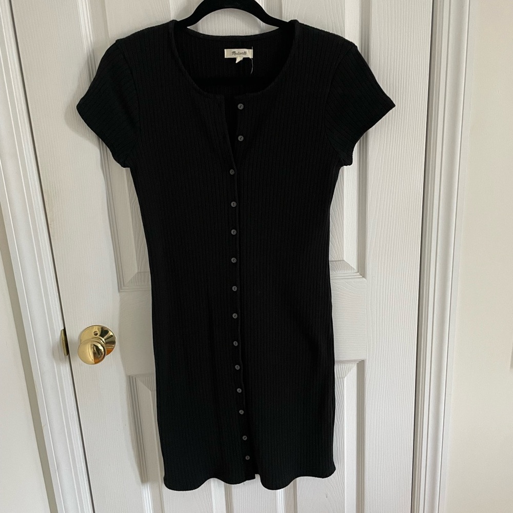 Madewell Black Ribbed Button-Down Mini Dress - image 1